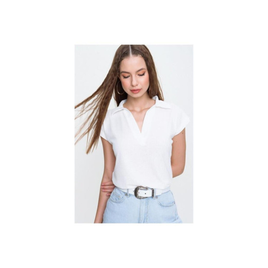 Pasaklı Giyim Kadın Kaşkorse Viskon Polo Yaka T-shirt Beyaz