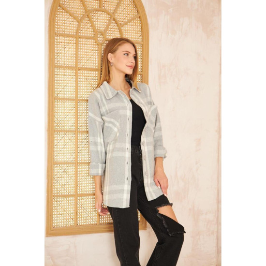 Pasaklı Giyim Kadın Kaşe Ekose Oduncu Gömlek Açık Gri