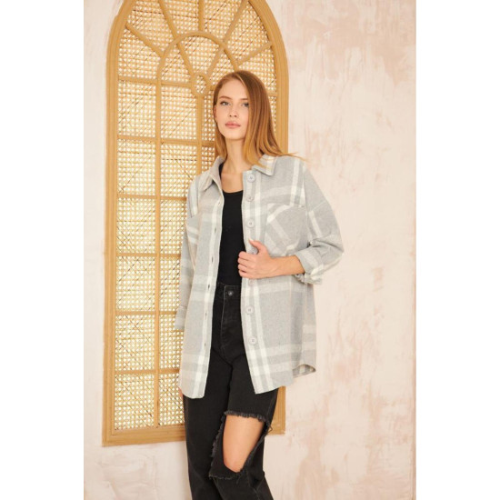 Pasaklı Giyim Kadın Kaşe Ekose Oduncu Gömlek Açık Gri
