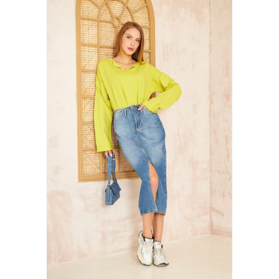 Pasaklı Giyim Kadın Duble Kol / Yakası Yırtmaçlı Salaş Sweatshirt Yağ Yeşili