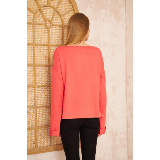 Pasaklı Giyim Kadın Duble Kol / Yakası Yırtmaçlı Salaş Sweatshirt Mercan