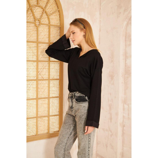 Pasaklı Giyim Kadın Duble Kol / Yakası Yırtmaçlı Salaş Sweatshirt Siyah