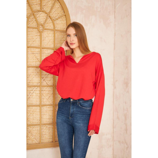 Pasaklı Giyim Kadın Duble Kol / Yakası Yırtmaçlı Salaş Sweatshirt Kırmızı