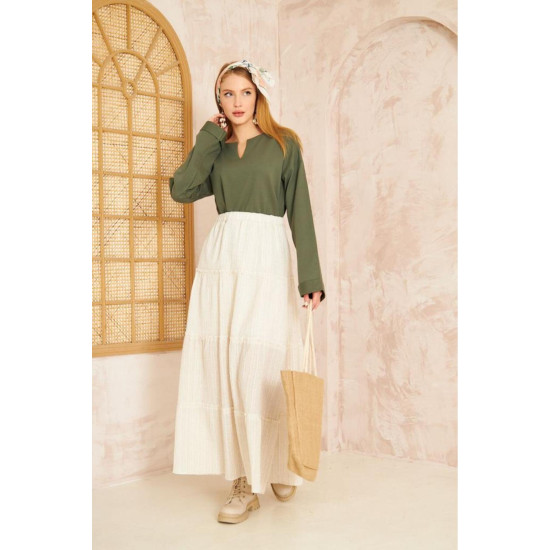 Pasaklı Giyim Kadın Duble Kol / Yakası Yırtmaçlı Salaş Sweatshirt Haki