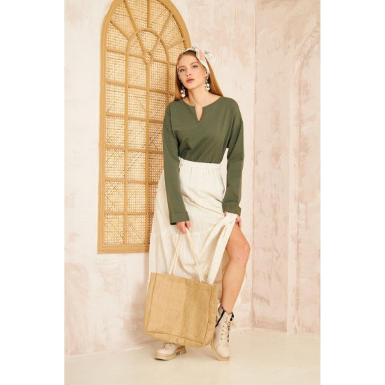 Pasaklı Giyim Kadın Duble Kol / Yakası Yırtmaçlı Salaş Sweatshirt Haki