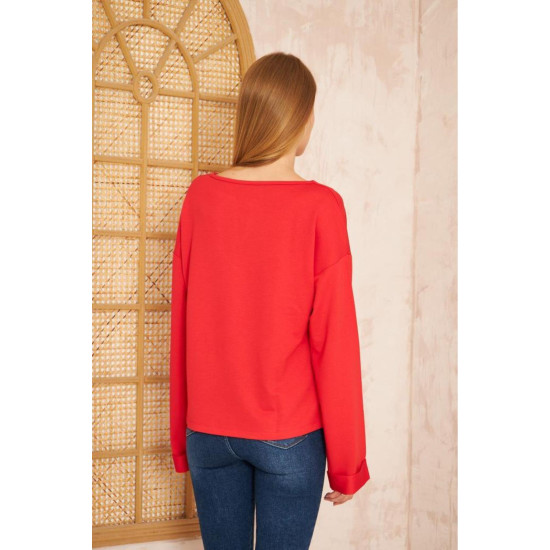 Pasaklı Giyim Kadın Duble Kol / Yakası Yırtmaçlı Salaş Sweatshirt Kırmızı