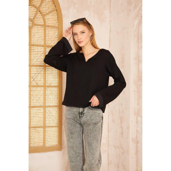Pasaklı Giyim Kadın Duble Kol / Yakası Yırtmaçlı Salaş Sweatshirt Siyah