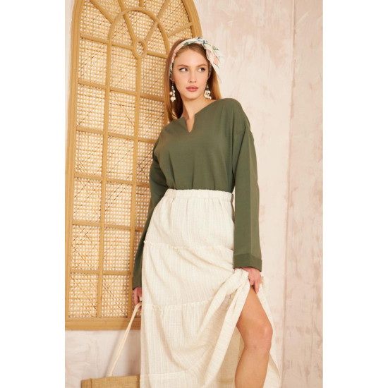 Pasaklı Giyim Kadın Duble Kol / Yakası Yırtmaçlı Salaş Sweatshirt Haki