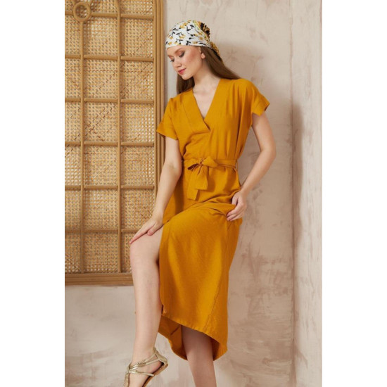 Pasaklı Giyim Kadın Yırtmaçlı Elbise Hardal
