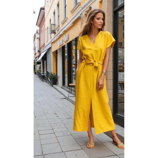 Pasaklı Giyim Kadın Yırtmaçlı Elbise Hardal