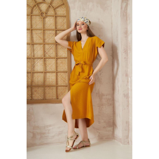 Pasaklı Giyim Kadın Yırtmaçlı Elbise Hardal