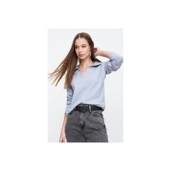 Pasaklı Giyim Kadın Polo Yaka Keten Bluz Gri
