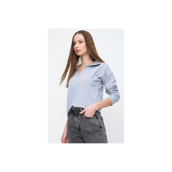 Pasaklı Giyim Kadın Polo Yaka Keten Bluz Gri