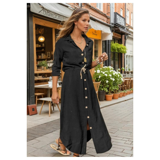 Pasaklı Giyim Kadın Hasır Kemerli Gömlek Elbise Siyah
