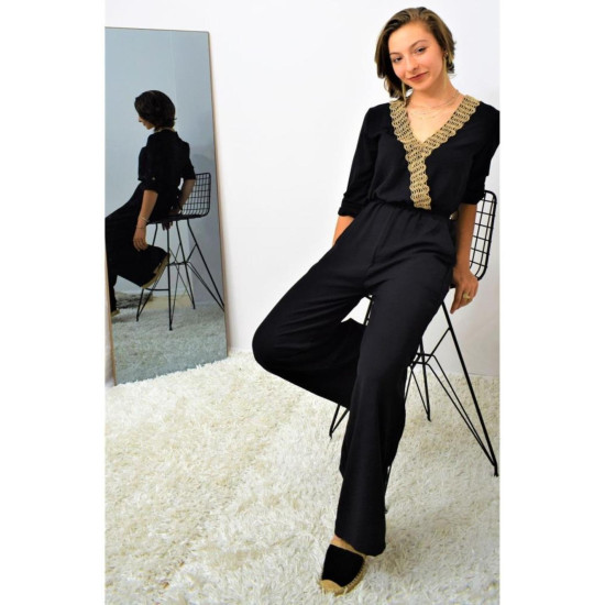 Pasaklı Giyim Kadın Hasır Detaylı Tulum Siyah