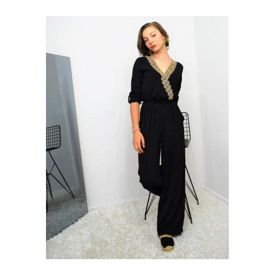 Pasaklı Giyim Kadın Hasır Detaylı Tulum Siyah