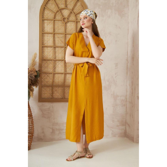 Pasaklı Giyim Kadın Yırtmaçlı Elbise Hardal