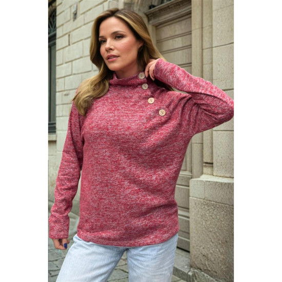 Pasaklı Giyim Kadın Balıkçı Yaka Düğmeli Yumoş Yün Kazak Kırmızı