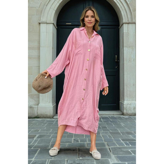 Pasaklı Giyim Kadın Oversize Yarasa Kol Tesettüre Uygun Gömlek Elbise-Tesettür Tunik Gül Kurusu