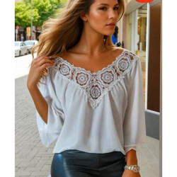 Pasaklı Giyim Kadın Ön Ve Arkası Dantel Dekolte Detay Flare Kol Bluz T4010-1220190 Beyaz