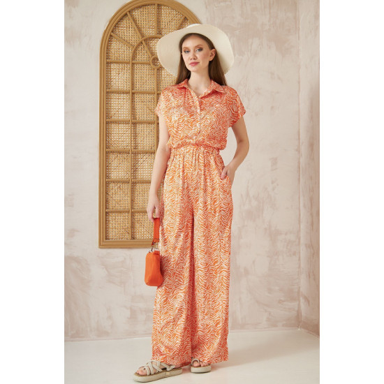 Pasaklı Giyim Kadın Beli Lastikli Saten Tulum Turuncu