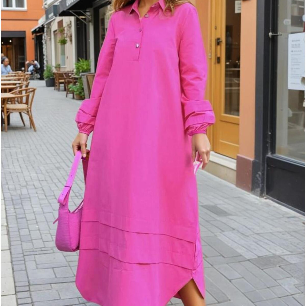 Pasaklı Giyim Kadın Hakim Yaka, Kol ve Etek Katlama Detaylı Salaş Uzun Kollu Poplin Elbise Fuşya 3517300