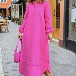 Kadın Hakim Yaka, Kol ve Etek Katlama Detaylı Salaş Uzun Kollu Poplin Elbise Fuşya 3517300