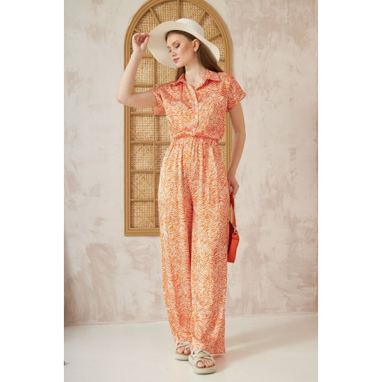 Pasaklı Giyim Kadın Beli Lastikli Saten Tulum Turuncu