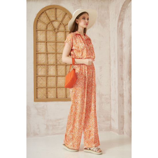 Pasaklı Giyim Kadın Beli Lastikli Saten Tulum Turuncu