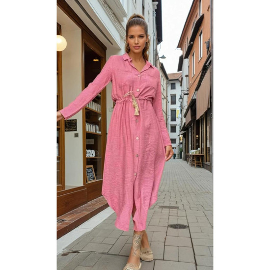 Pasaklı Giyim Kadın Hasır Kemerli Gömlek Elbise Gül Kurusu