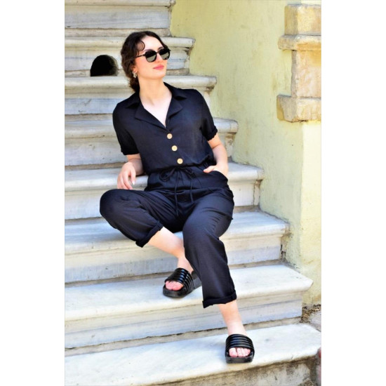 Pasaklı Giyim Kadın Beli Büzgülü Tulum Siyah