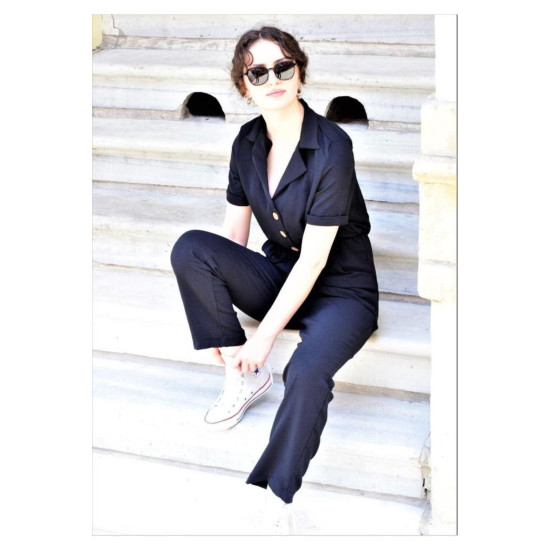 Pasaklı Giyim Kadın Beli Büzgülü Tulum Siyah