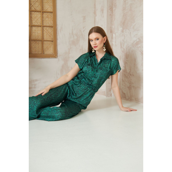 Pasaklı Giyim Kadın Beli Lastikli Saten Tulum Zümrüt