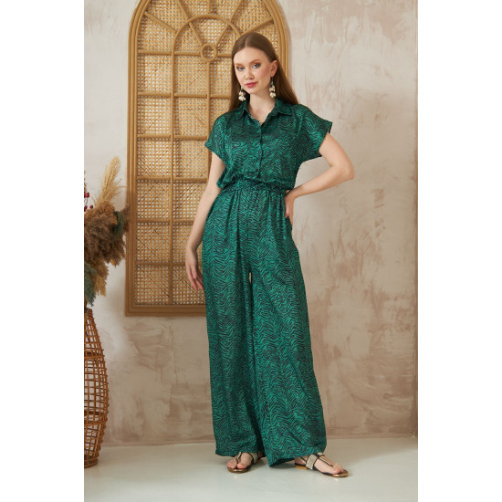 Pasaklı Giyim Kadın Beli Lastikli Saten Tulum Zümrüt