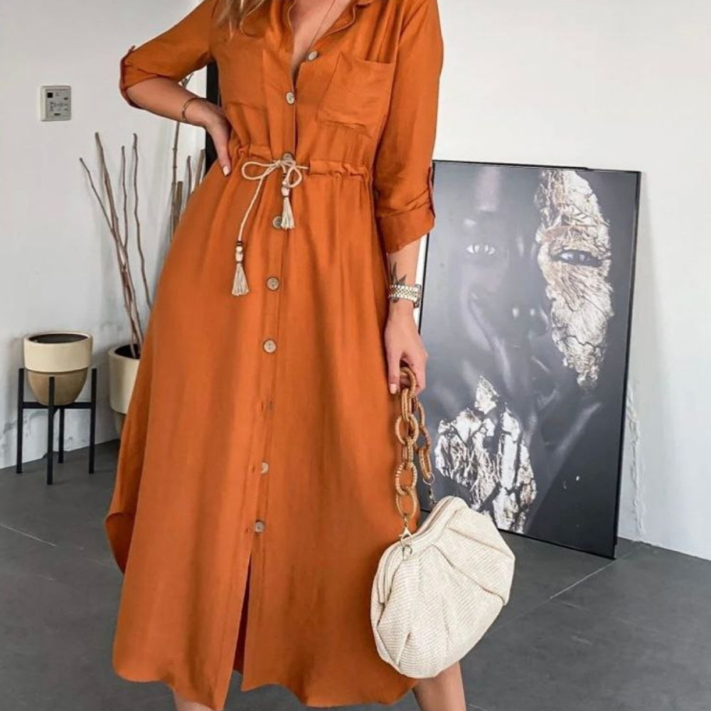 Pasaklı Giyim Kadın Hasır Kemerli Gömlek Elbise 2837451 Kiremit