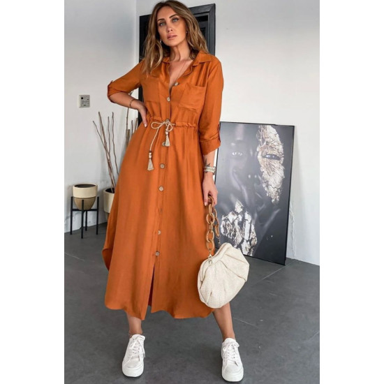 Pasaklı Giyim Kadın Hasır Kemerli Gömlek Elbise Kiremit