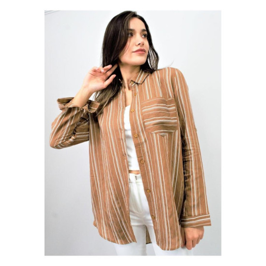 Pasaklı Giyim Kadın Çizgili Gömlek Kahverengi