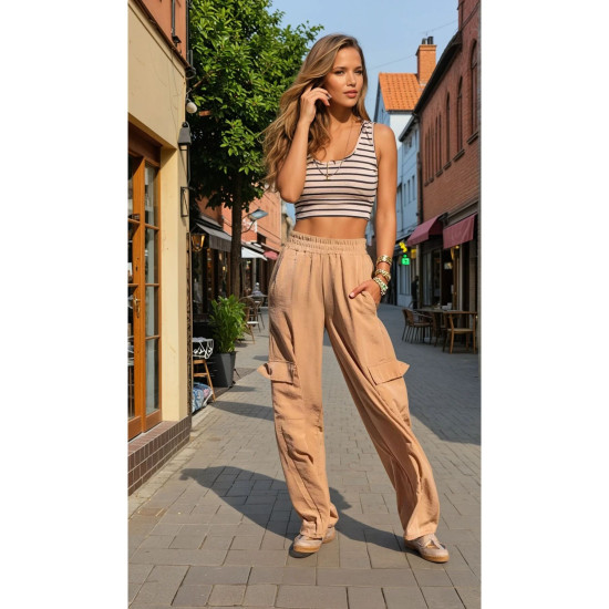 Pasaklı Giyim Kadın Bej Kupra Kumaş Cepli Beli Lastikli Bol Paça Kargo Pantolon