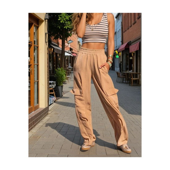 Pasaklı Giyim Kadın Bej Kupra Kumaş Cepli Beli Lastikli Bol Paça Kargo Pantolon