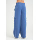 Pasaklı Giyim Kadın Indigo Kupra Kumaş Cepli Beli Lastikli Bol Paça Kargo Mavi Indigo Pantolon