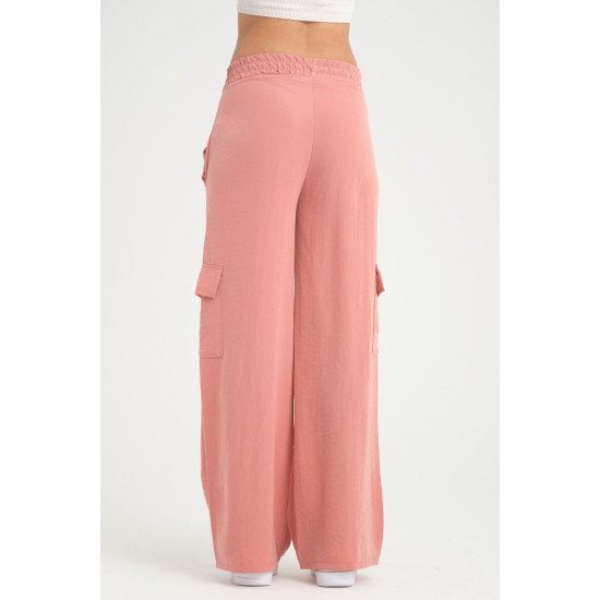 Pasaklı Giyim Kadın Gülkurusu Kupra Kumaş Cepli Beli Lastikli Bol Paça Kargo Pantolon