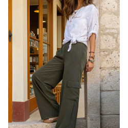 Pasaklı Giyim Kadın Haki Kupra Kumaş Cepli Beli Lastikli Bol Paça Kargo Pantolon 3600308