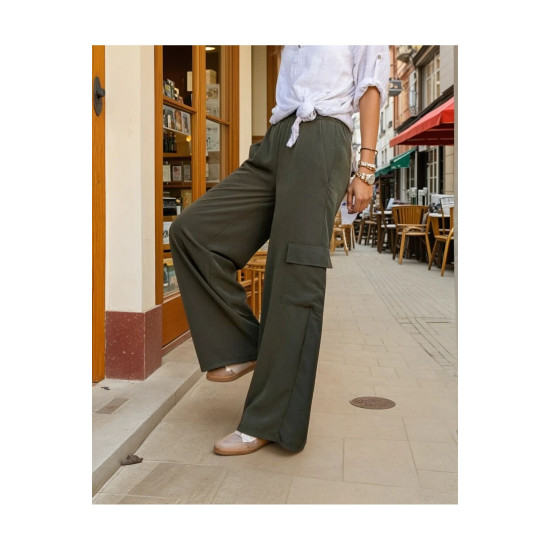 Pasaklı Giyim Kadın Haki Kupra Kumaş Cepli Beli Lastikli Bol Paça Kargo Pantolon
