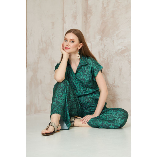 Pasaklı Giyim Kadın Beli Lastikli Saten Tulum Zümrüt