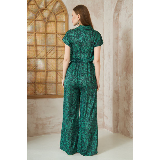 Pasaklı Giyim Kadın Beli Lastikli Saten Tulum Zümrüt