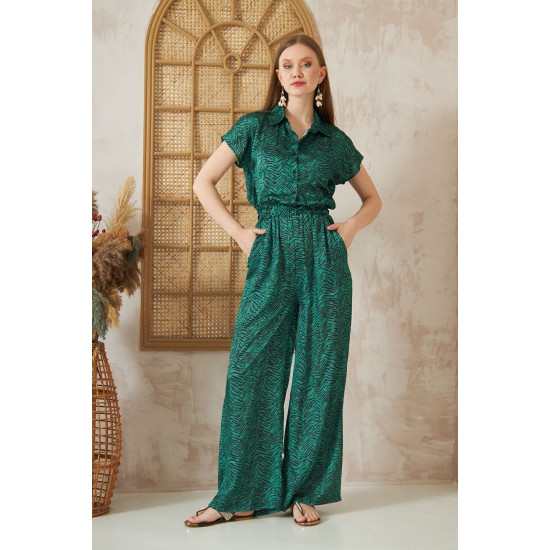 Pasaklı Giyim Kadın Beli Lastikli Saten Tulum Zümrüt