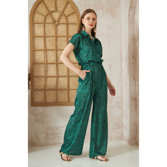 Pasaklı Giyim Kadın Beli Lastikli Saten Tulum Zümrüt