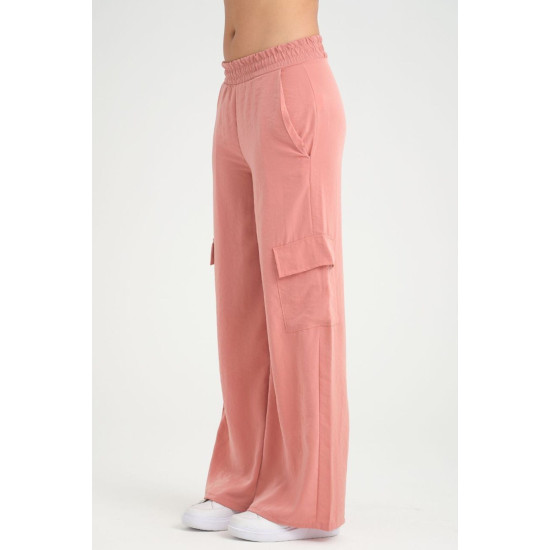 Pasaklı Giyim Kadın Gülkurusu Kupra Kumaş Cepli Beli Lastikli Bol Paça Kargo Pantolon