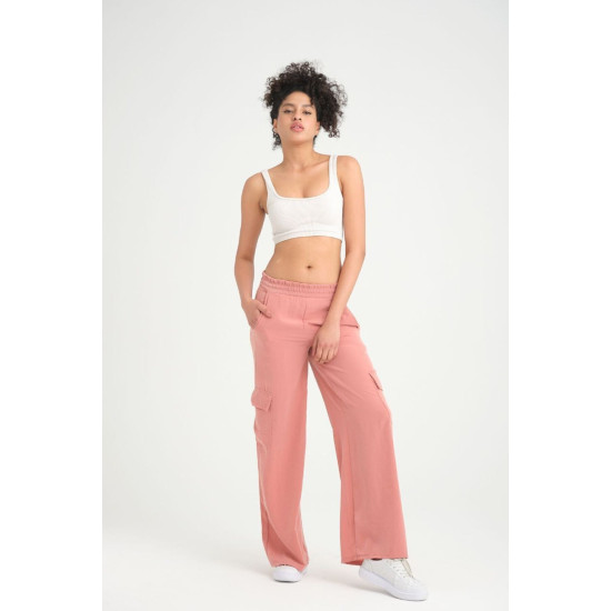 Pasaklı Giyim Kadın Gülkurusu Kupra Kumaş Cepli Beli Lastikli Bol Paça Kargo Pantolon