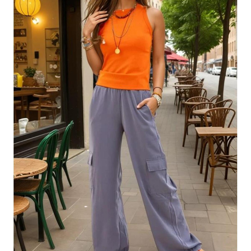 Pasaklı Giyim Kadın Kaliteli Yumuşak Kupra Kumaş Cepli Beli Lastikli Bol Paça Kargo Pantolon Gri 3600308